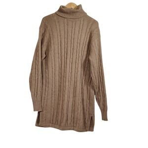 McCulley's Pure Cashmere Cable Knit Turtleneck Sweater Dress Brown Made Scotland